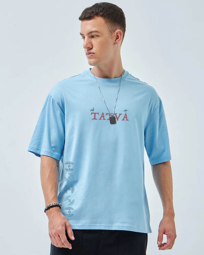 بيواكوف Men's Chambray Blue Tatva Doodles Graphic Printed Oversized T-shirt
